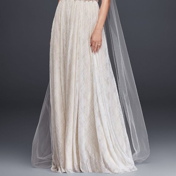 David's Bridal Galina Soft Lace Wedding Dress With Pleated Top Size 8 - Picture 3 of 13